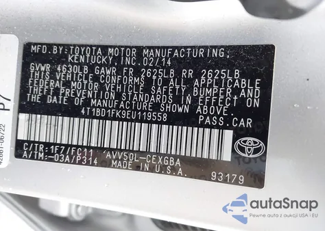 2014 Toyota Camry Hybrid Xle z USA, uszkodzony, nr VIN 4T1BD1FK9EU119558